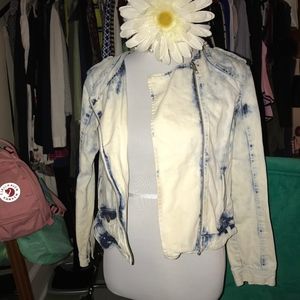 Fitted Acid Wash Denim Moto Jacket